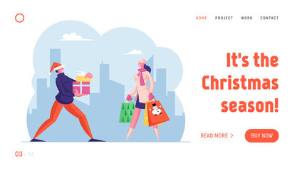 Winter Holidays Shopping Website Landing Page. Happy People Carry Gift Box and Paper Bags with Presents Hurry for Christmas Celebration with Family Web Page Banner. Cartoon Flat Vector Illustration
