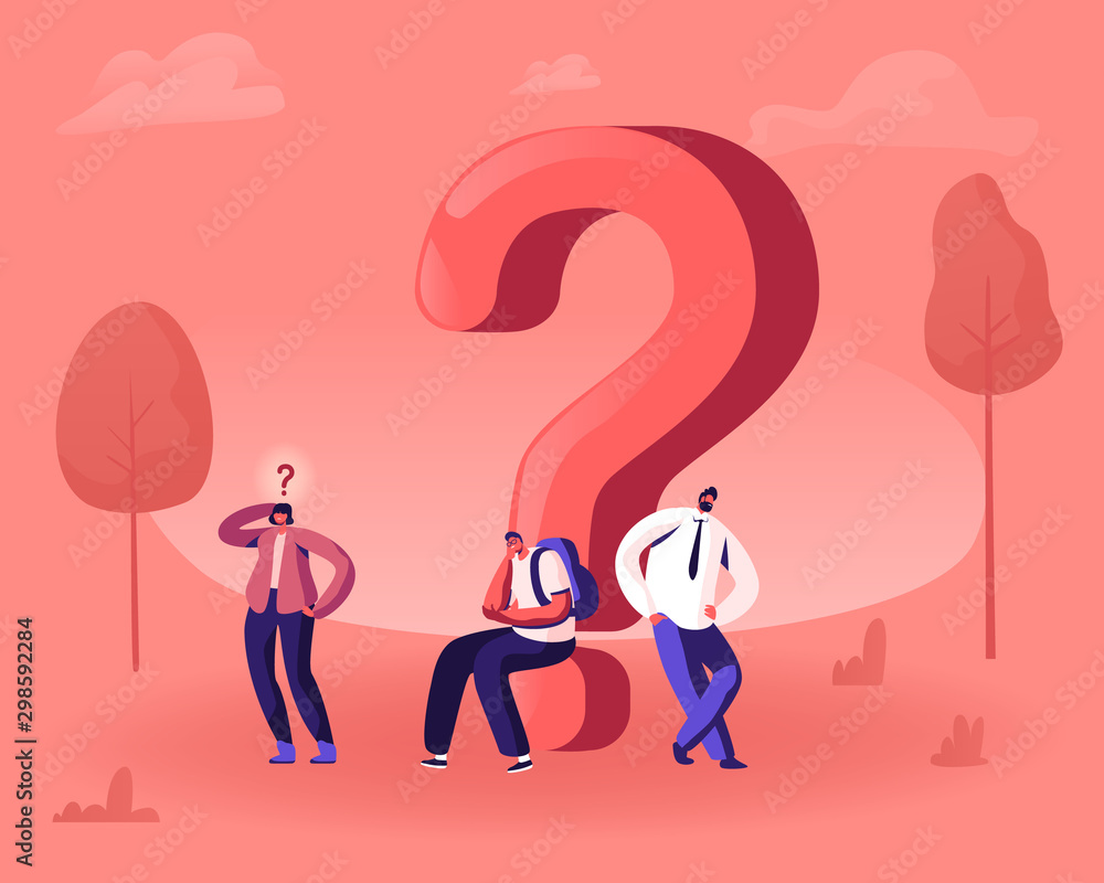 Poster thoughtful and doubtful little male and female characters thinking under huge question mark. doubts 