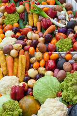 Assortment of fresh vegetables close up. Vegetables background top view.