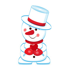 Cheerful snowman with a heart in his hands. Separately on a white background.