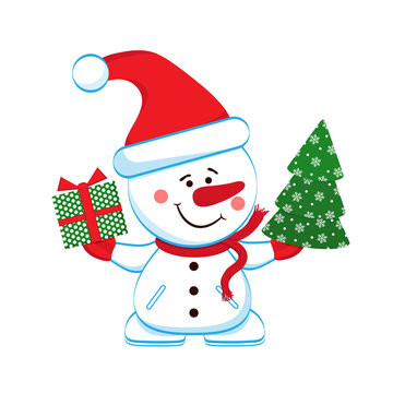 Merry snowman with a gift and Christmas tree. Separately on a white background.
