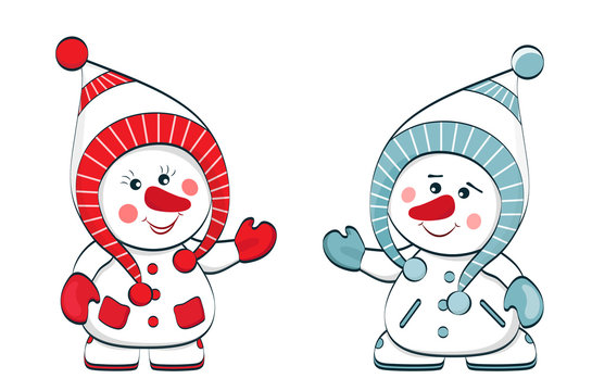 Two cheerful snowmen in red and blue clothes isolated on white background. New Year. Christmas.