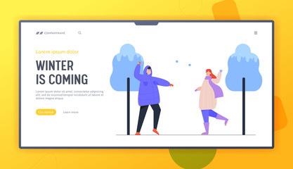 Christmas and New Year Holidays Fun Website Landing Page. Woman and Man Playing Snowballs on Street. Winter Season Outdoors Leisure and Activities Web Page Banner. Cartoon Flat Vector Illustration