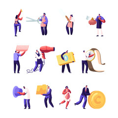 Set of Male and Female Characters Holding Different Things and Devices. Tiny Men and Women with Scissors and Comb for Animals, Fan Pet Food Watch Golden Coin Cartoon Flat Vector Illustration, Clip Art