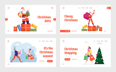 Christmas Shopping and Santa Claus with Gifts Website Landing Page Set. Happy People Buying Presents on Xmas Sale, Father Noel Holiday Congratulations Web Page Banner. Cartoon Flat Vector Illustration