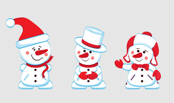 Three cheerful snowmen isolated on white background