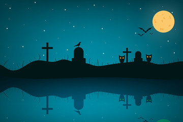 Halloween landscape with grave, bird, creature, bat, moon and stars. Illustration with reflections in water. Magic autumn holiday elements. Vector illustration design.