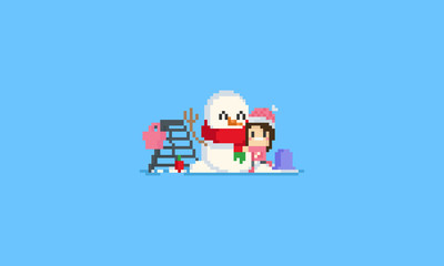 Pixel happy girl huging her snowman.Christmas.8bit.