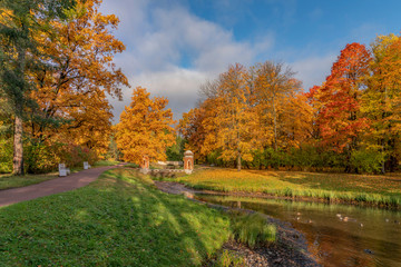 Golden autumn in Catherine Park, Pushkin, St. Petersburg, Russia. Red Cascade.