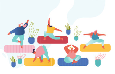 Female Characters Yoga Class and Sport Activities Set. Yogi Women Doing Sports Exercises, Fitness Workout in Different Poses, Stretching Healthy Lifestyle Leisure. Cartoon Flat Vector Illustration