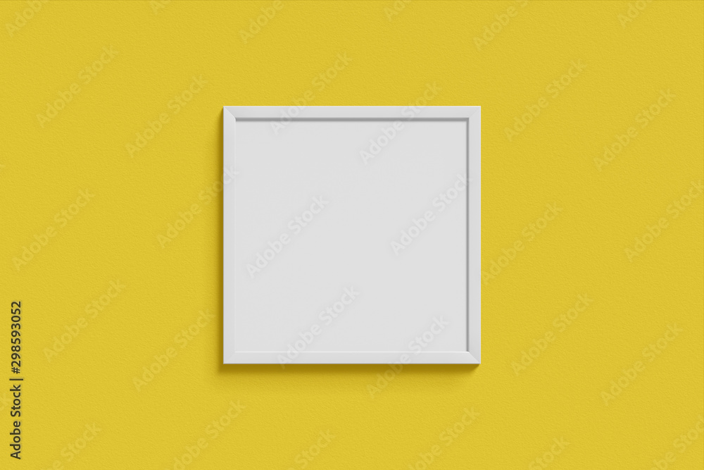 Poster square simple mock-up picture frame white color hanging on a blank yellow wall simple interior. 3d r