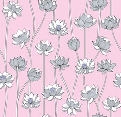 Fototapeta na wymiar Floral pattern seamless pink and gray colors. Lotus flowers ornament vector for fabric and Wallpaper.