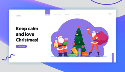 New Year Tradition Website Landing Page. Fat Slim Santa Clauses Delivering Presents at Christmas Night. Father Noel Carry Sack with Gifts to Xmas Tree Web Page Banner. Cartoon Flat Vector Illustration
