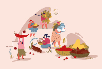 People Harvesting and Sell Spices and Herbs on Market. Ayurveda Food Ingredients Concept. Women Holding Huge Spice Items as Chili Pepper Salt Shaker Vanilla Sticks. Cartoon Flat Vector Illustration