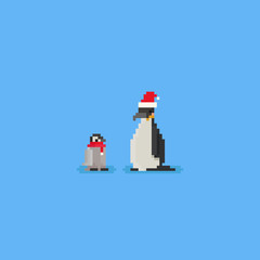 Pixel Penguins with scarf and santa hat.8bit.christmas.