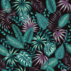 Vector seamless pattern of tropic green and purple foliage on black background. Summer or spring repeat vintage tropical backdrop with monstera, dieffenbachia, palm tree leaves. Exotic ornament.