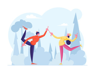 Fototapeta premium Christmas Vacation Spare Time on Ice Rink. Happy Loving Couple in Warm Clothes Skating Outdoors on Frozen Pond in Winter Park. Wintertime Holidays and Entertainment. Cartoon Flat Vector Illustration