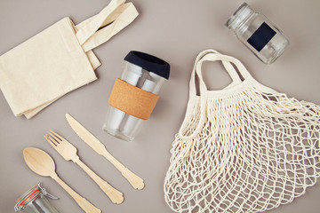Fototapeta na wymiar Reusable bags, glass jars and coffee mug for plastic free and zero waste lifestyle