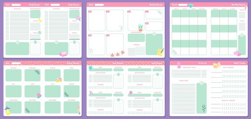 Funny planner templates. Daily, weekly, monthly and yearly planners pages. Goal planner and to do list, notebook with month calendar or 2020 memo planner. Isolated vector icons set