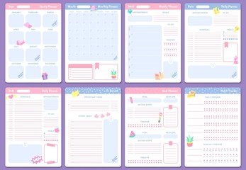 Cute planner templates. Weekly, monthly and yearly planners. To do list, goal planner and habit tracker pages design. Month organizer scrapbook schedule isolated vector icons set - obrazy, fototapety, plakaty