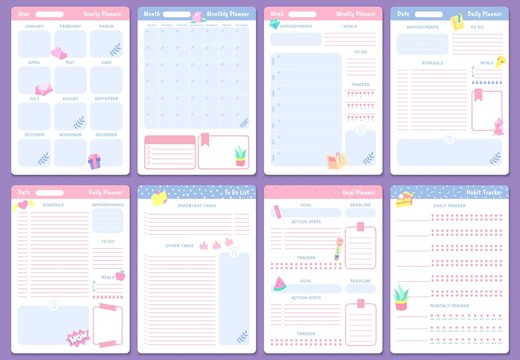 Cute planner templates. Weekly, monthly and yearly planners. To do list, goal planner and habit tracker pages design. Month organizer scrapbook schedule isolated vector icons set