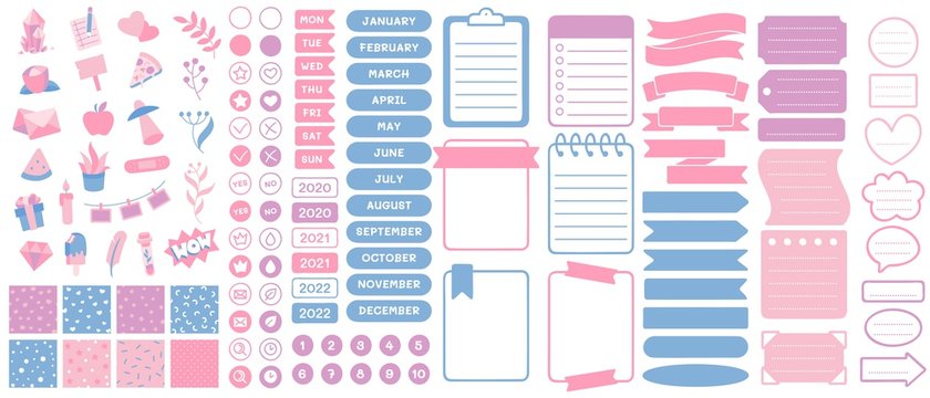 Funny planners stickers. Scrapbook sticker, planner print and cute journal card. School notebook tags, memo page labels or organizer sticky doodles. Isolated illustration vector signs set