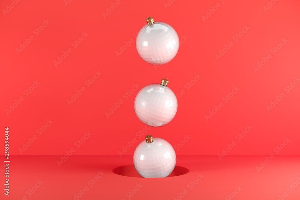 Poster white ornament floating on red background. minimal christmas idea concept. 3d rendering.