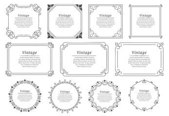 Royal hand drawn text frame. Retro elegant graphic frame, vintage ornamental border and decorative book emblem. Birthday or wedding victorian invitation divider. Certificate isolated vector icons set