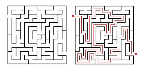Labyrinth game way. Square maze, simple logic game with labyrinths way. How to find out quiz, finding exit path rebus or logic labyrinth challenge isolated vector illustration