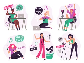 Cute blogger girls. Beauty bloggers create and post video content, smiling vlogger girl and online young woman blog. Social media vlog phones shooting. Isolated flat vector illustration icons set