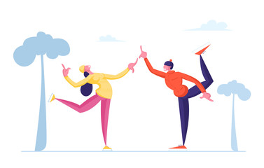 Happy People Performing Leisure Outdoor Activities at Winter Park Figure Skating on Ice Rink. Christmas Holidays Spare Time Amusement. Male Female Characters Skaters Cartoon Flat Vector Illustration