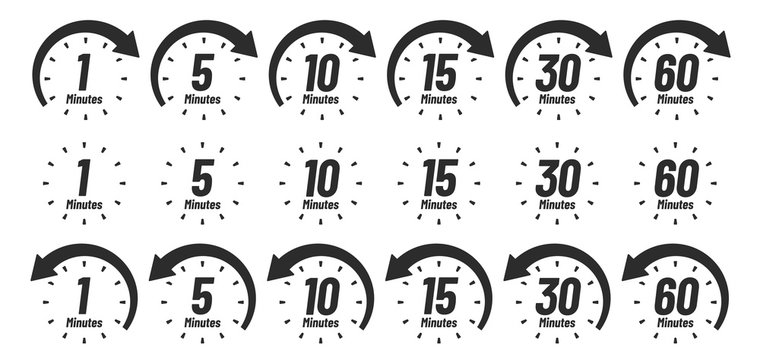 Minutes time icon. Analog clock Icons, 1 5 10 15 30 60 minute clocks and minutes ago. Work deadline arrow, delivery fast measuring clock or watch interface. Isolated sign vector set