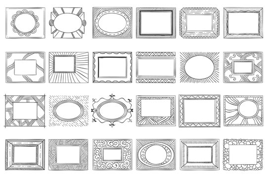 Hand drawn picture frames. Sketch frame, doodle style photo and art mirror frames. Square framing border, ink decoration doodle. Isolated vector icons set