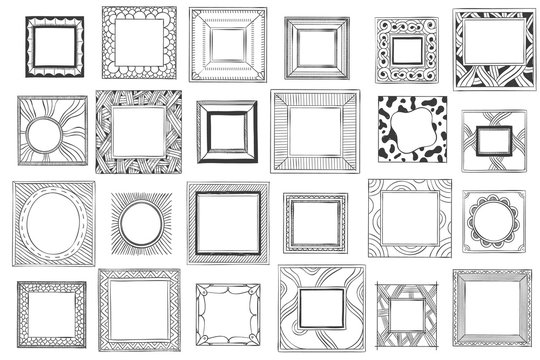 Square hand drawn frames. Sketch picture, doodle mirror or photo frame. Vintage framed painting, ornate photo borders or picture frames. Isolated vector symbols set