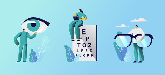 Oculist Doctors Set, Professional Optician Exam Devices for Treatment Vision Eyeglasses and Chart for Eyesight Check Up. Medical Optician Treatment Focus Correction.Cartoon Flat Vector Illustration