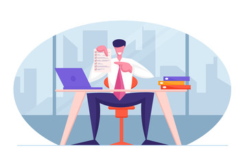 Business Contract Concept. Smiling Businessman or Lawyer Consultant in Formalwear Sitting at Desk with Laptop in Office Demonstrate Paper Document with Check List. Cartoon Flat Vector Illustration
