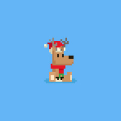 Pixel sitting deer with christmas hat and red scarf.Christmas.8bit.