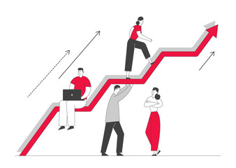 Fototapeta premium Investment Growth Concept. Business Characters Team Working and Holding Huge Growing Arrow, Leader Climbing on Top. Businesspeople Teamwork and Leadership. Cartoon Flat Vector Illustration, Line Art