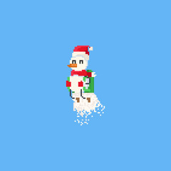 Pixel happy snowman flying by jetpack.christmas.8bit character.