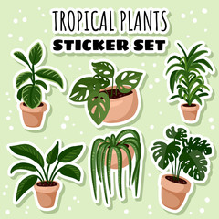 Set of hygge tropical potted succulent plants stickers. Cozy lagom scandinavian style collection of plants labels