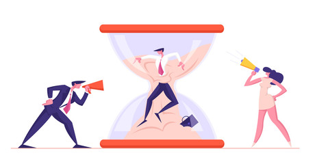 Fototapeta premium Angry Furious Man and Lady Boss Characters Yelling to Megaphone at Office Worker Employee Stuck in Hourglass Sinking in Sand. Businessman in Stress Deadline Situation. Cartoon Flat Vector Illustration