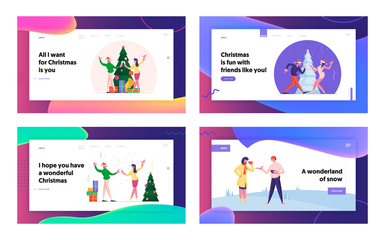 Fototapeta na wymiar People Have Fun in Office or Home Party and Outdoors Meeting Website Landing Page Set. Men and Women Spending Time at Christmas Event, Dance and Drink Web Page Banner. Cartoon Flat Vector Illustration