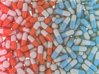 Many colorful pills abstract background. 3D