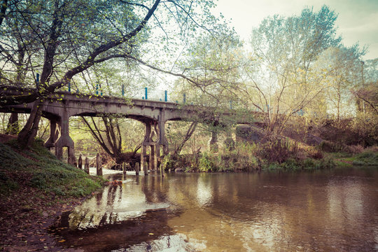 Bridge on the Swider river in Masovia, Poland in autumn