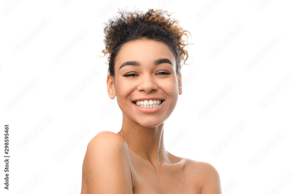 Wall mural Happy black girl with clean fresh skin and perfect smile