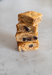 Blondie brownies with peanut butter and white chocolate. Homemade, delicious dessert.