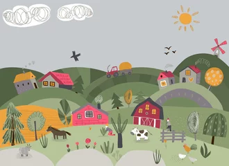 Vektorgrafik ländlicher Landschaft mit niedlichen handgezeichneten Nutztieren, Bäumen, Landhäusern, Traktor, Mühle. © Andrei