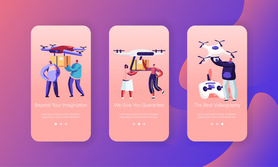 Drones Delivery Service, Innovation Technologies Mobile App Page Onboard Screen Set. People Navigating Quadcopters with Remote Control Concept for Website or Web Page, Cartoon Flat Vector Illustration