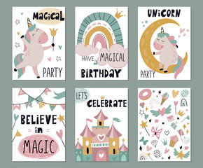 Set of vector greeting cards or invitations for birthday, with cute unicorn, fairy castle, rainbow, funny font.