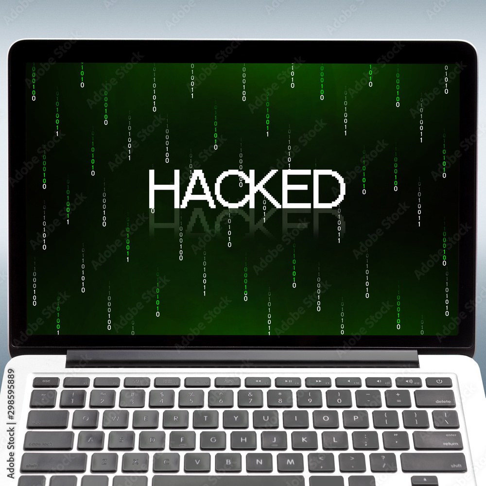 Poster Laptop with inscription hacked and binary digits on screen